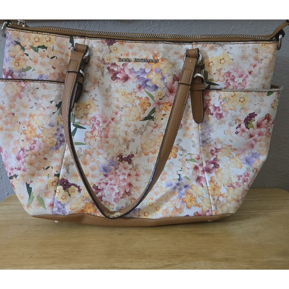 Dana Buchman Floral Tote Bag Purse Ivory and Brown Handles